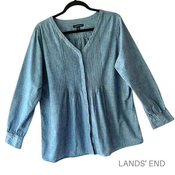 LANDS’ END | NWOT LONG SLEEVE COTTON CHAMBRAY PINTUCK TUNIC | LARGE PETITE - Picture 1 of 10